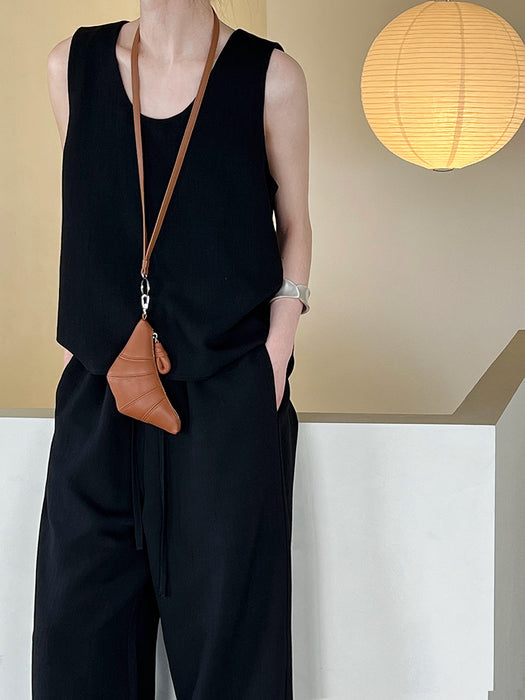 Back Slit Sleeveless Vest Waistcoat Top Wide Leg Pants Two Piece Korean Commuting Suit