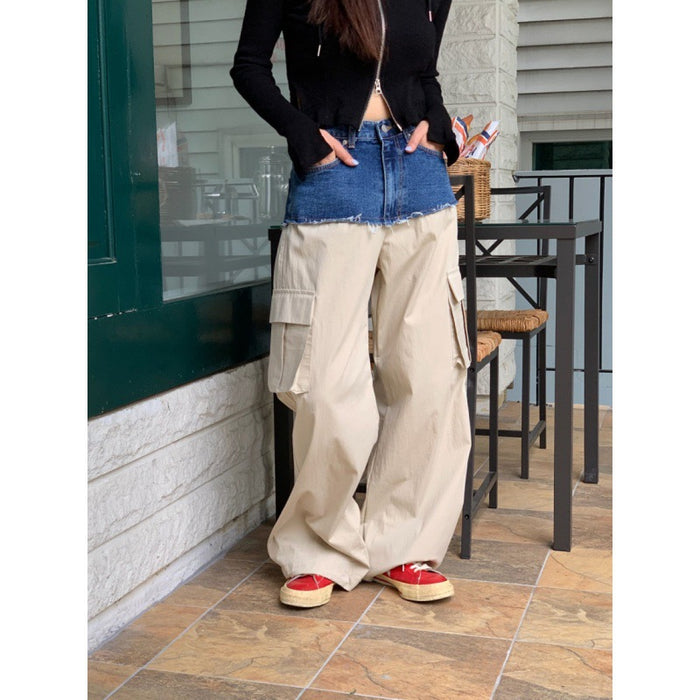 Retro Sexy Stitching Denim Cargo Pants Pocket Wide Leg Trousers Women High Waist Loose Slimming Straight Casual Pants