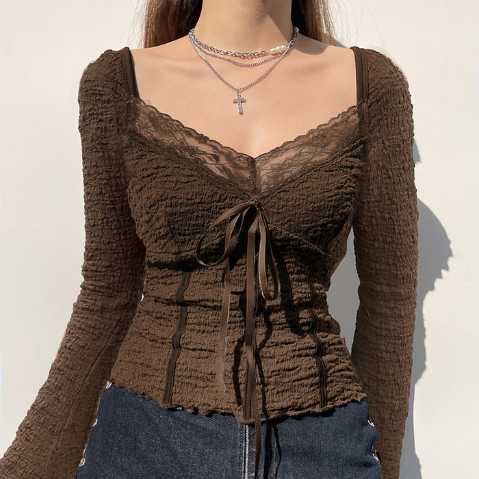 European Retro Low Cut V neck Lace Stitching Ruffle Lace up Long Sleeve Special Interest Design Slim Fit Texture Knitted Top