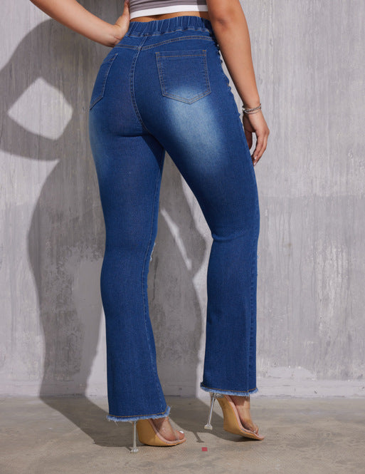 Ripped Slim Fit Wide Leg High Waist Elastic Waist Jeans for Women