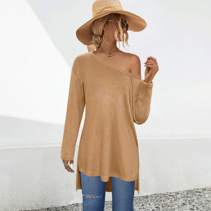 Autumn Winter Eaby Long Sleeve off the Shoulder Split Irregular Asymmetric Knitwear