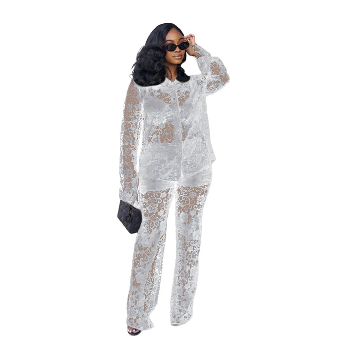 Women Wear Sexy Lace Pattern Collared See Through Suit