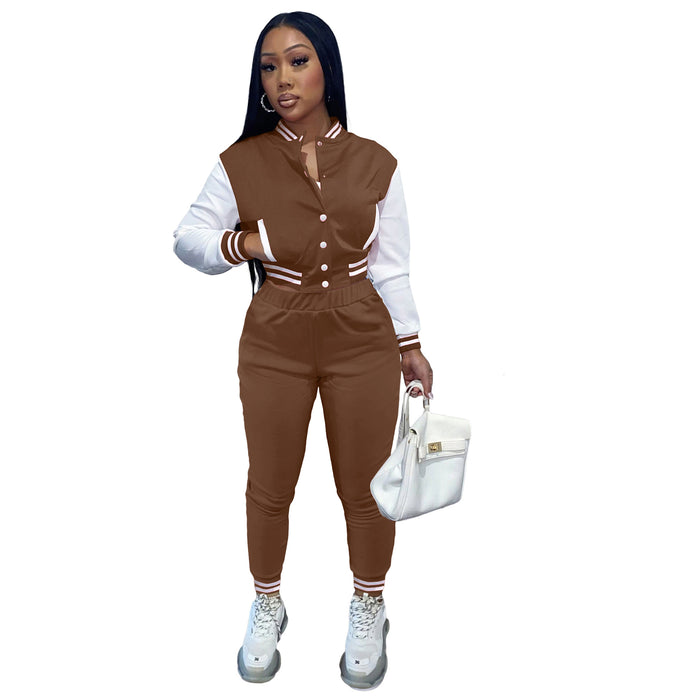 Color Matching Women Jacket Suits Single-Breasted Stitching Long Sleeve Varsity Jacket Two-Piece Set Women