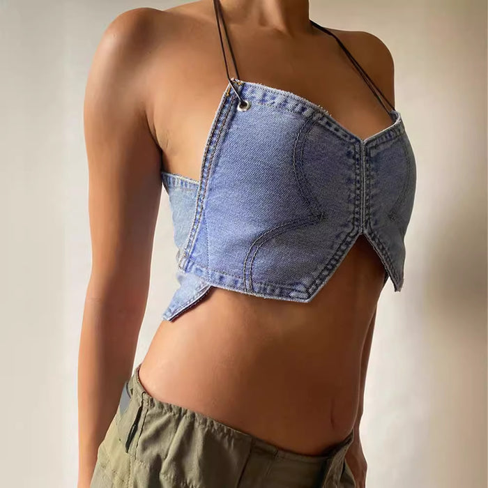 Sexy Spring Summer Special Interest Design Sleeveless Denim Bandeau Sling Street Blue Vest