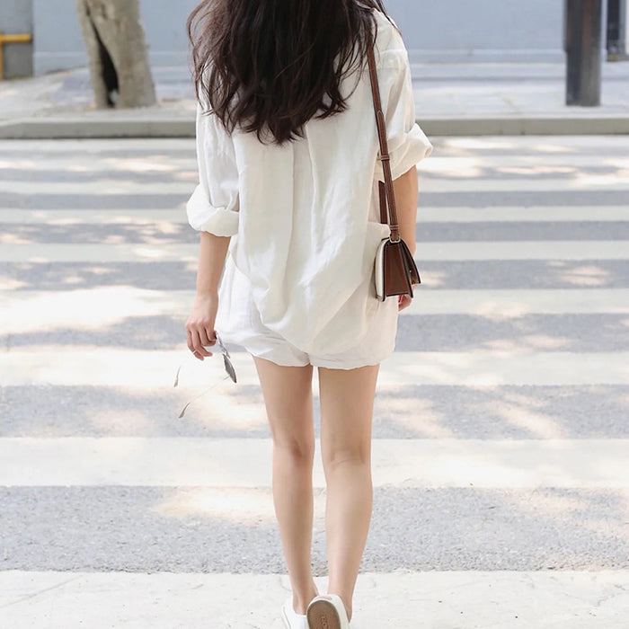 Women Linen Shirt Shorts Casual Set Loose Casual Laid Back Cotton Linen Shirt Two Piece Set