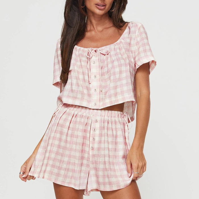 Summer Short Sleeve Pink Plaid Bow Lace up Top Shorts Sweet Casual Set