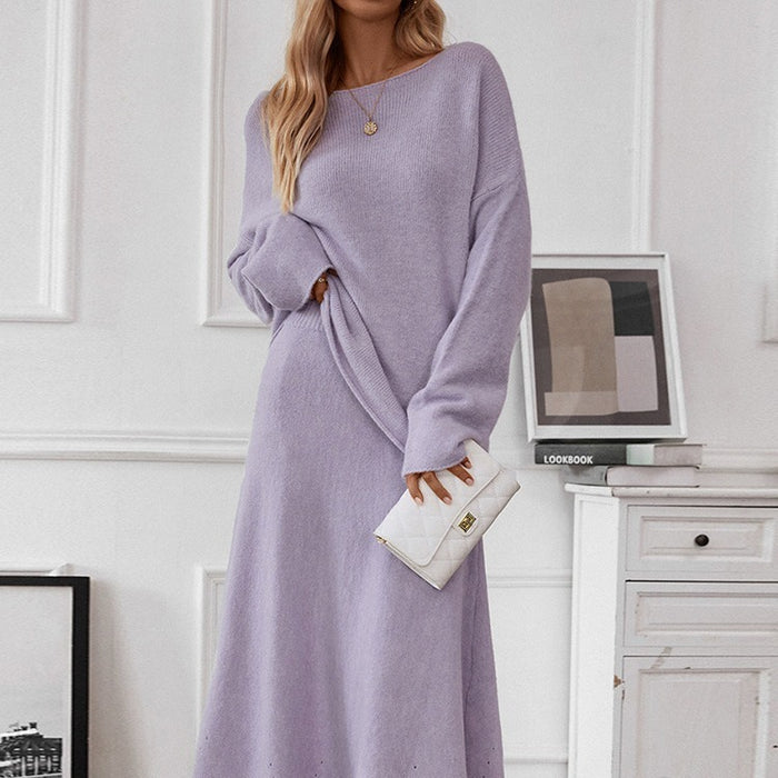 Autumn Winter Elegant Knitting Suit Women Off Shoulder Sweater Top Elastic Waist Fishtail Skirt