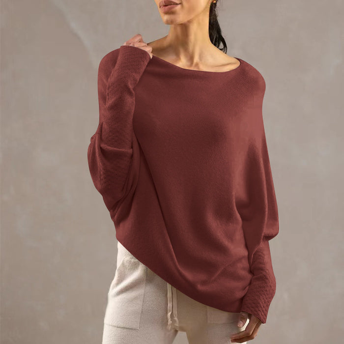 Solid Color off Neck Knitted Pullover Loose All Matching Batwing Sleeve Knitwear Top