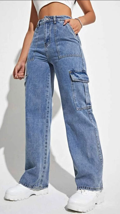 Women Clothing Multi Bag Straight Leg Denim Trousers