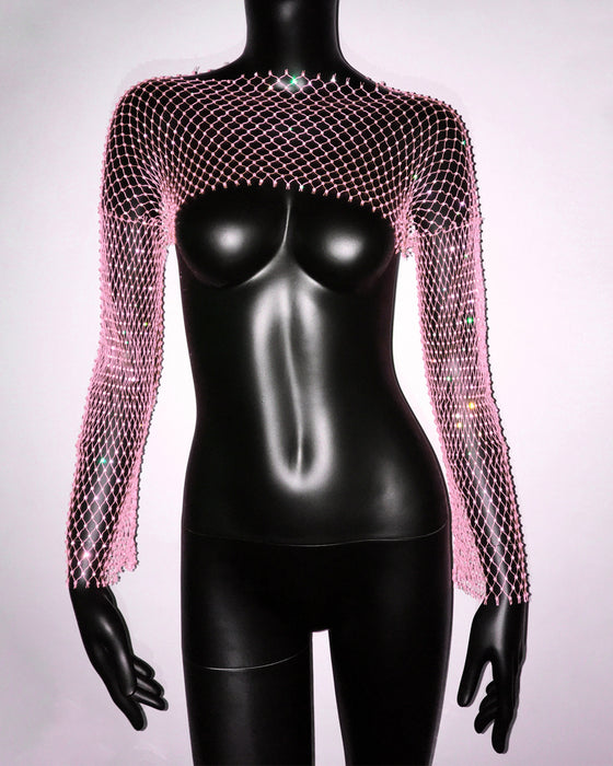 Women Clothing Fishnet Rhinestone Long Sleeved Top Stretch Sexy T shirt