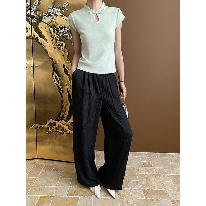 French Texture Pleated Design Elastic High Waist Slimming Lazy Casual Wide Leg Pants