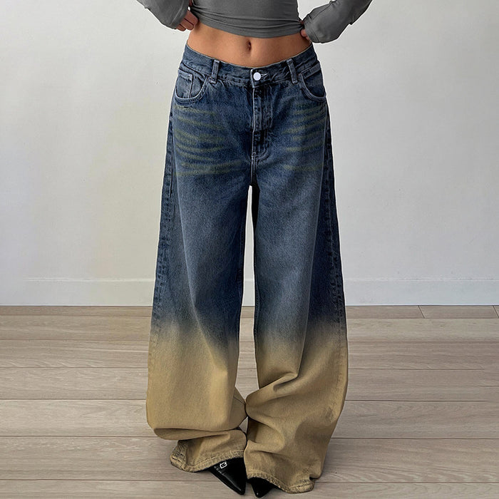 Street Women Summer Featured Washed Gradient Jeans Personality Loose Straight Trousers