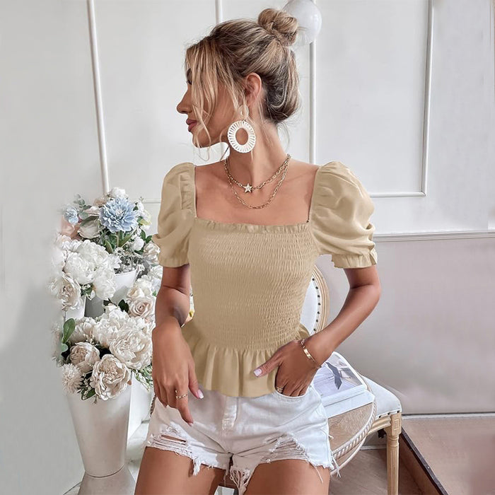 French Square Collar Easy Matching Waisted Puff Sleeve Top Summer Slimming Elegant T shirt Women