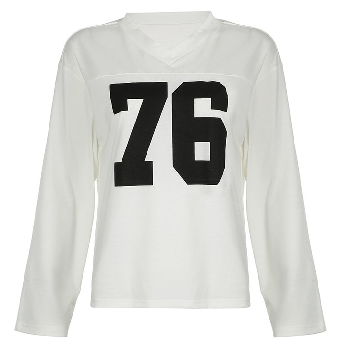 Street Digital Print Loose Small V neck Casual Long Sleeve Sexy Personality Sports All Match Top