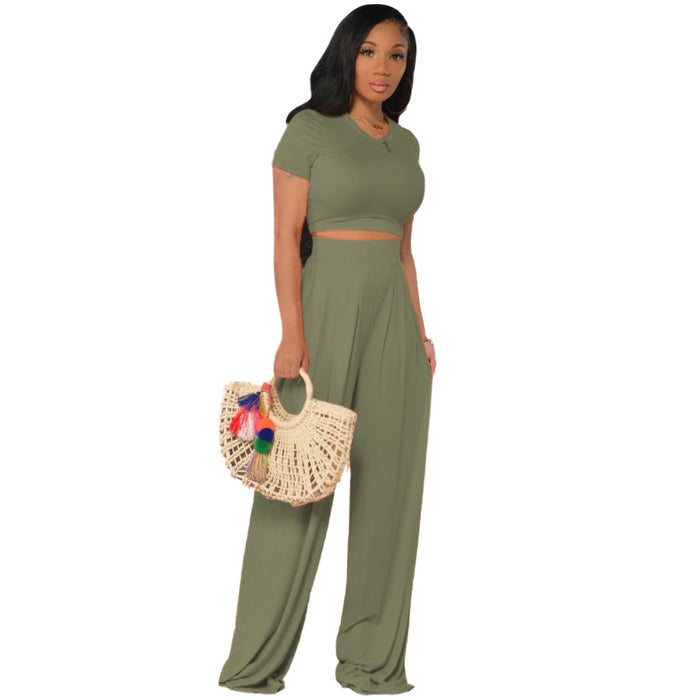 Women Clothing Solid Color cropped Outfit Bell-Bottom Pants Casual Two-Piece Suit