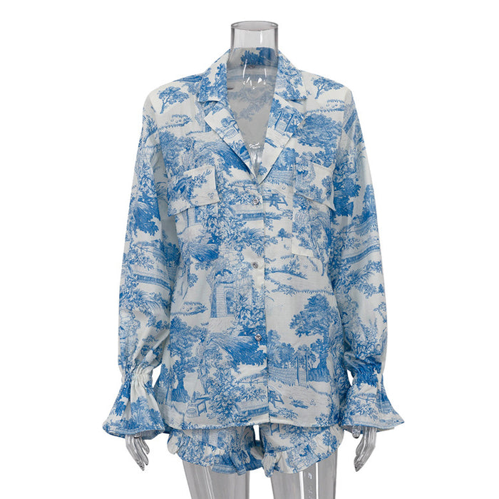 Summer Suit Chinese Printed Bell Sleeve Shirt Top Shorts Ruffled Two Piece Set