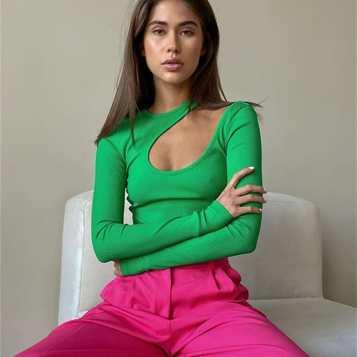 Rib Hollow Out Cutout out Bodysuit Women Spring Long Sleeve Sexy Top Simple Slimming