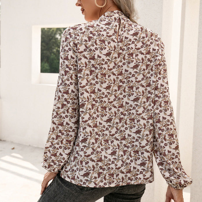 Loose Casual Print V Neck Shirt Floral Long-Sleeved Shirt Top Women