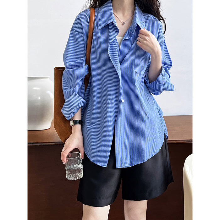 Elegant Striped Shirt Women Autumn Lazy Loose Salt Lace up Wear Drop Shoulder Sleeve Shacket