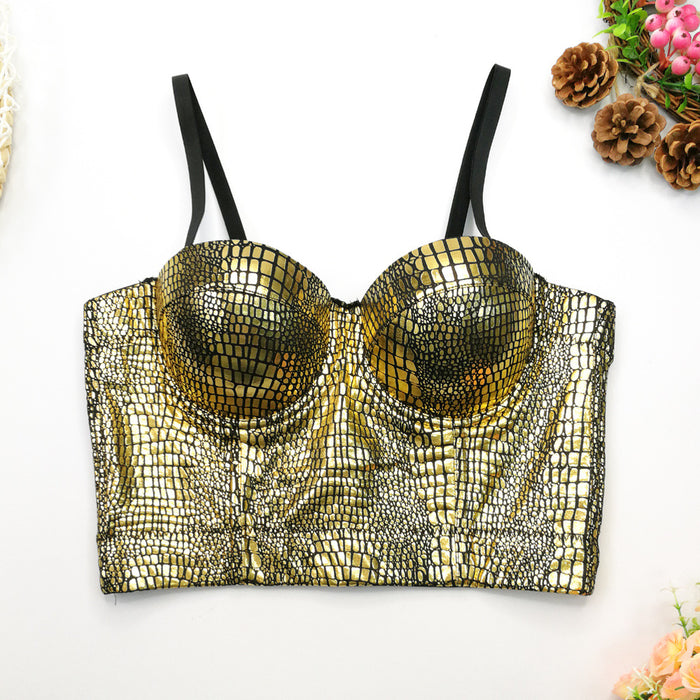 Flash Snake Pattern Bronzing Tube Top Female Wild Fashion Slim Fit Small Sling Nightclub Disco sexy Top Boning Corset Boning Corset Corset