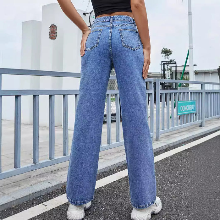 Women Clothing Love Embroidered Casual High Waist Straight Jeans Trousers