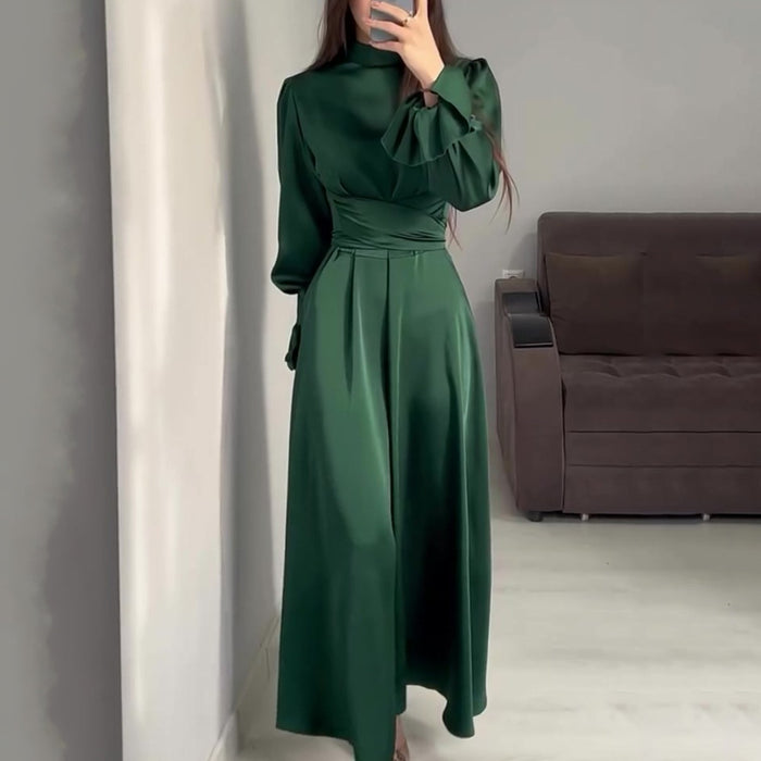 Autumn Long Sleeve Waist Puff Sleeve Green Dress