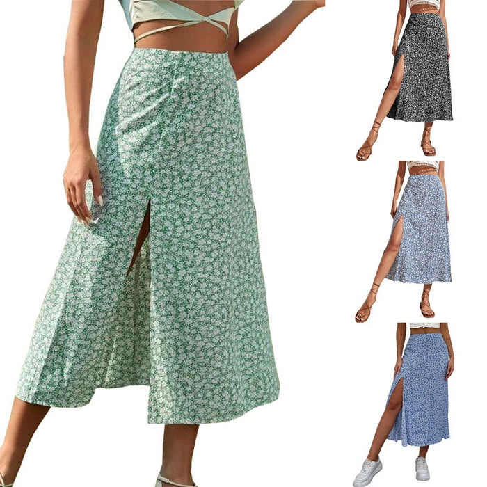 Summer Floral Skirt Split A- line Sheath Mid-Waist Skirt