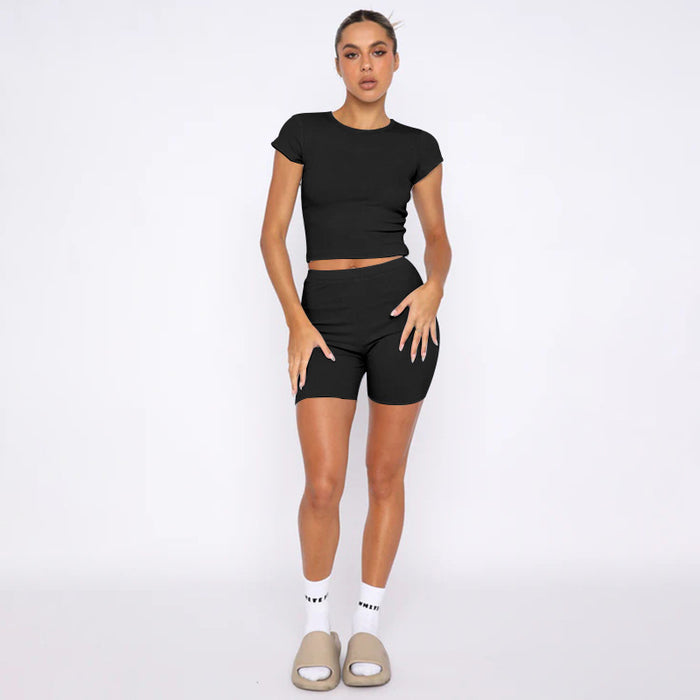 Summer Solid Color round Neck Pullover Short Sleeve Women Two Piece Casual Shorts Suit