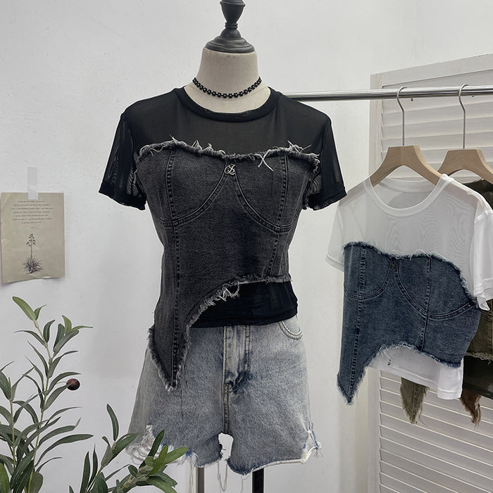 Denim Stitching Mesh Short Sleeve T Shirt Summer Fashionable Irregular Asymmetric Short High Waist Slim Top