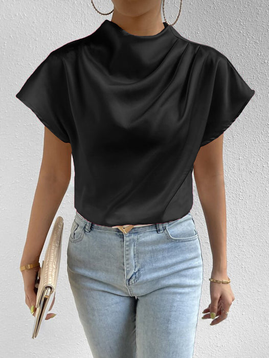 Summer Shirt Pullover Irregular Asymmetric Half Turtleneck Solid Color Silk like Office Sleeve Top