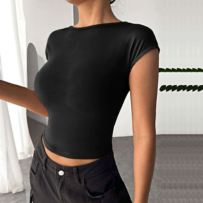 Women Clothing Street Sexy Backless Slim Fit Knitted Short Sleeve T shirt Top