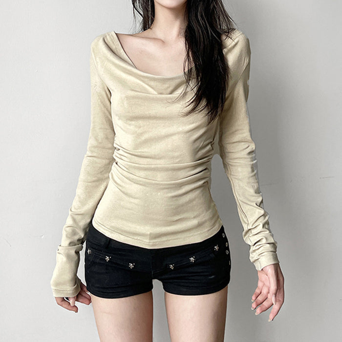 Beaded Hollow Out Cutout Design Bare Back Swing Collar Reverse Solid Color Short Top Sexy Sexy Slimming Long Sleeves