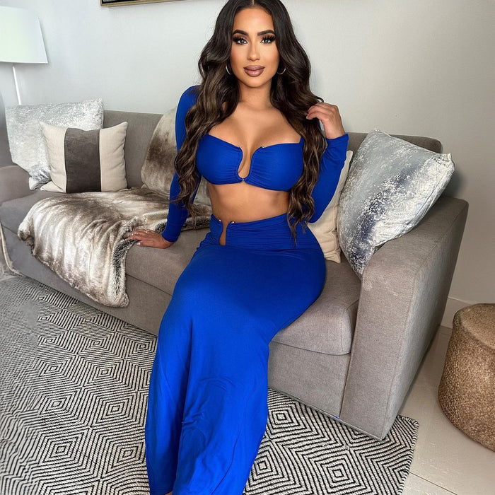 Women Clothing Summer Popular Sexy Bandeau Long Sleeve Back Slit Skirt Set