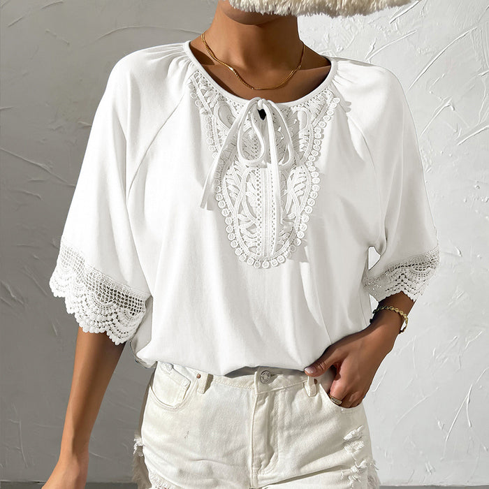 Women Summer National Lace round Neck Lace Stitching Loose Short Sleeve Top