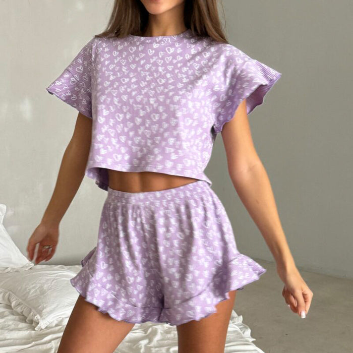 Summer Ladies Casual Printing Suit Ruffled Short Sleeve round Neck Shorts Pajamas Two Piece Set