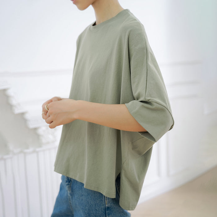 Popular Japanese Summer Loose Fitting Pure Cotton T shirt Women Large Batwing Sleeve Side Slit Top