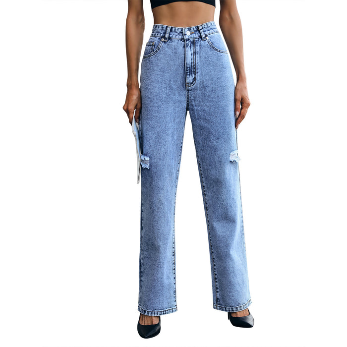 Women Clothing High Waist Loose Mop Slimming Fashionable Ripped Denim Trousers