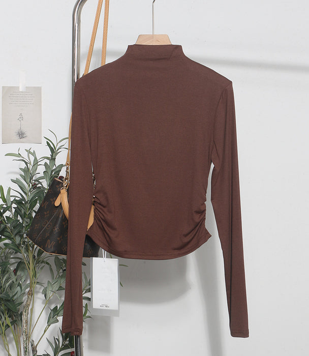 Autumn Winter Basic Stretch Slim Bottoming Shirt Long Sleeve Half Turtleneck T Shirt Pleated Short Top