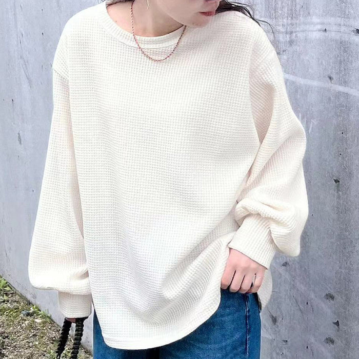 Autumn T shirt Women Loose Casual High Grade Waffle Niche Solid Color Slimming Round Neck Bottoming Shirt Long Sleeve