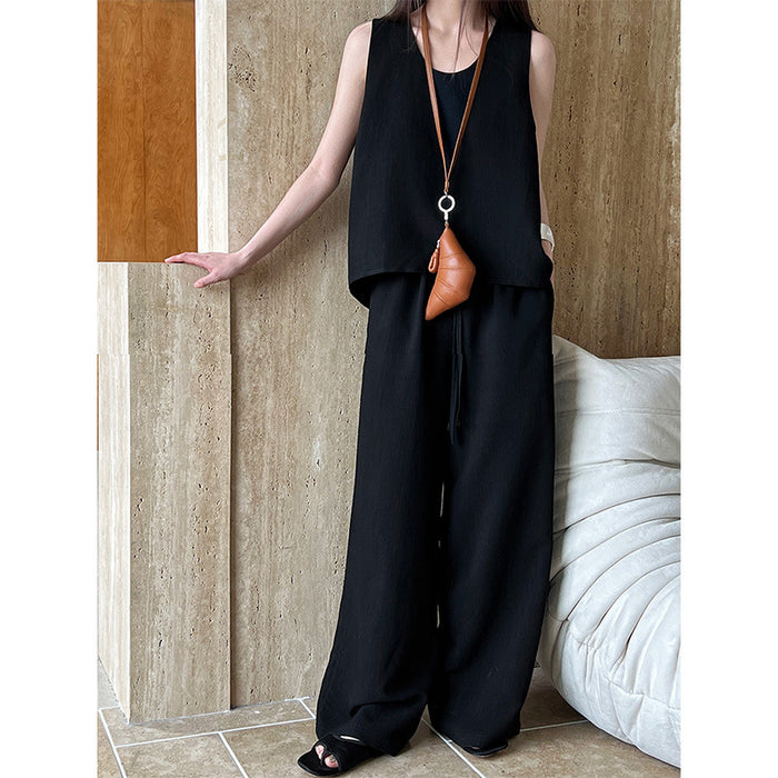 Back Slit Sleeveless Vest Waistcoat Top Wide Leg Pants Two Piece Korean Commuting Suit