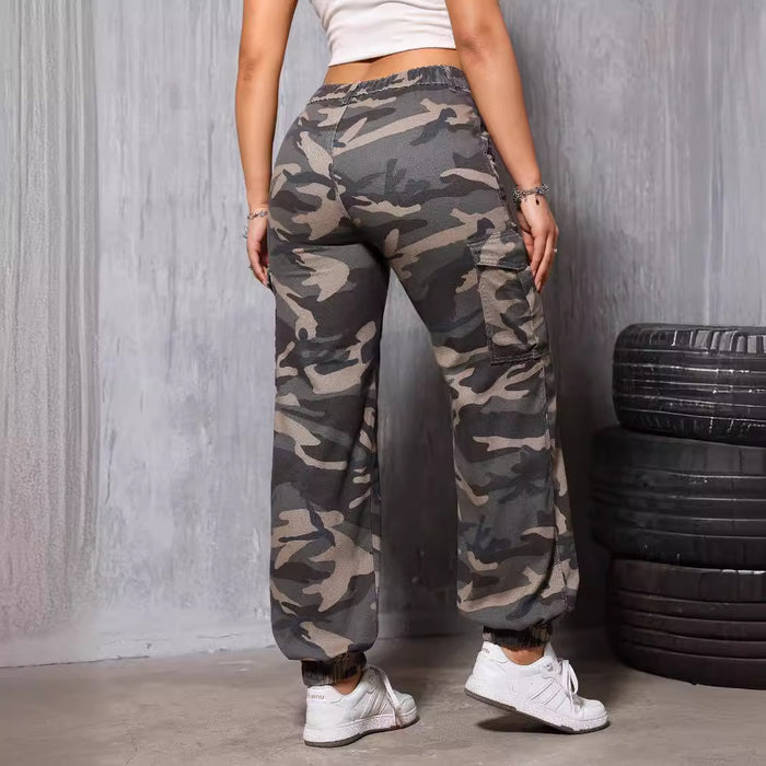 Camouflage Jeans Straight Bottom Elastic Band Retro All Matching Summer