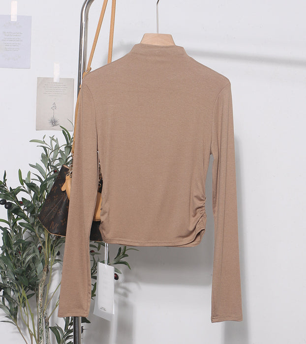 Autumn Winter Basic Stretch Slim Bottoming Shirt Long Sleeve Half Turtleneck T Shirt Pleated Short Top