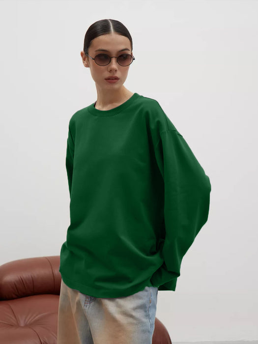 Cotton Solid Color Long-Sleeved T shirt Women Loose Fitting Casual round Neck Top