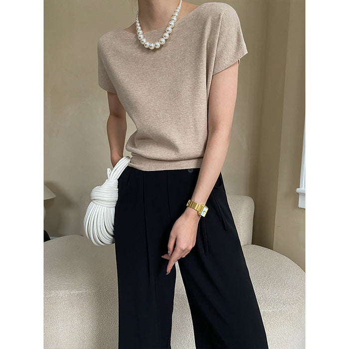 French Simplicity Elegant Raglan Sleeve Short Sleeved Sweater Top Bottoming Shirt Early Spring