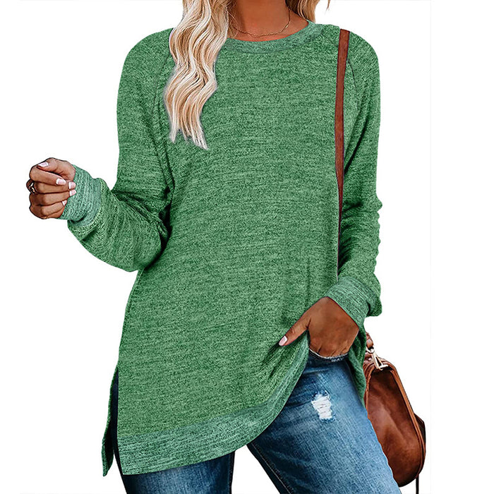 Women Clothing Long Sleeve round Neck Multicolor Split Top Loose Casual Pullover T-shirt