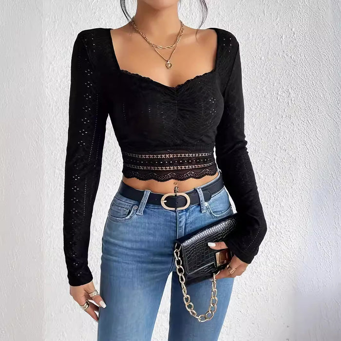 Summer Women Lace Pleated Square Collar Bottoming Long Sleeve T shirt Women