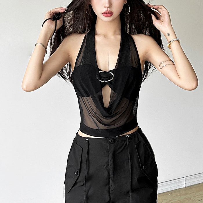 Autumn Sexy Underwear Bandeau Halter Sheer Mesh Vest Two Piece Set