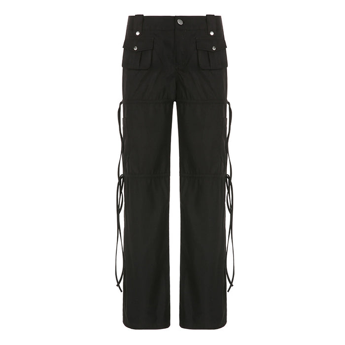 High Street Pocket Ribbon Stitching Straight Black Woven Pants Early Summer Sexy Low Waist Workwear Casual Pants