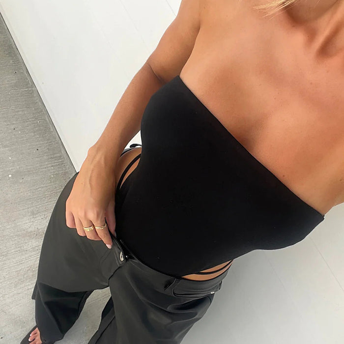 Women Clothing Solid Color off the Neck Tube Top Hollow Out Cutout Sexy High Waist Jumpsuit Outer Wear Women Top