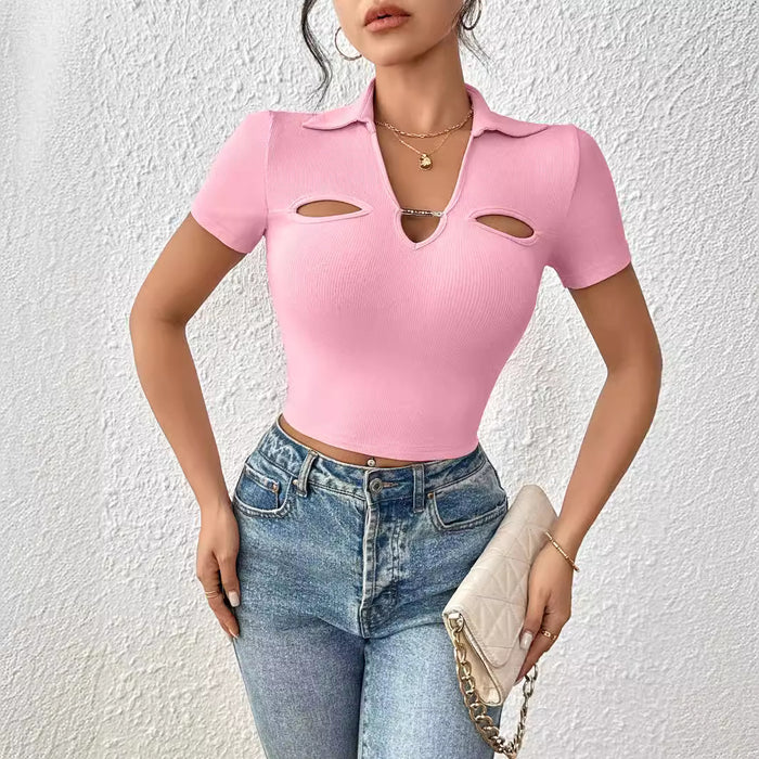 Collared Low Cut Short Sleeved Cropped Women T Shirt Vest